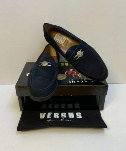 Versace Versus Navy Blue Suede Loafers Shoes Silver Buckle 
